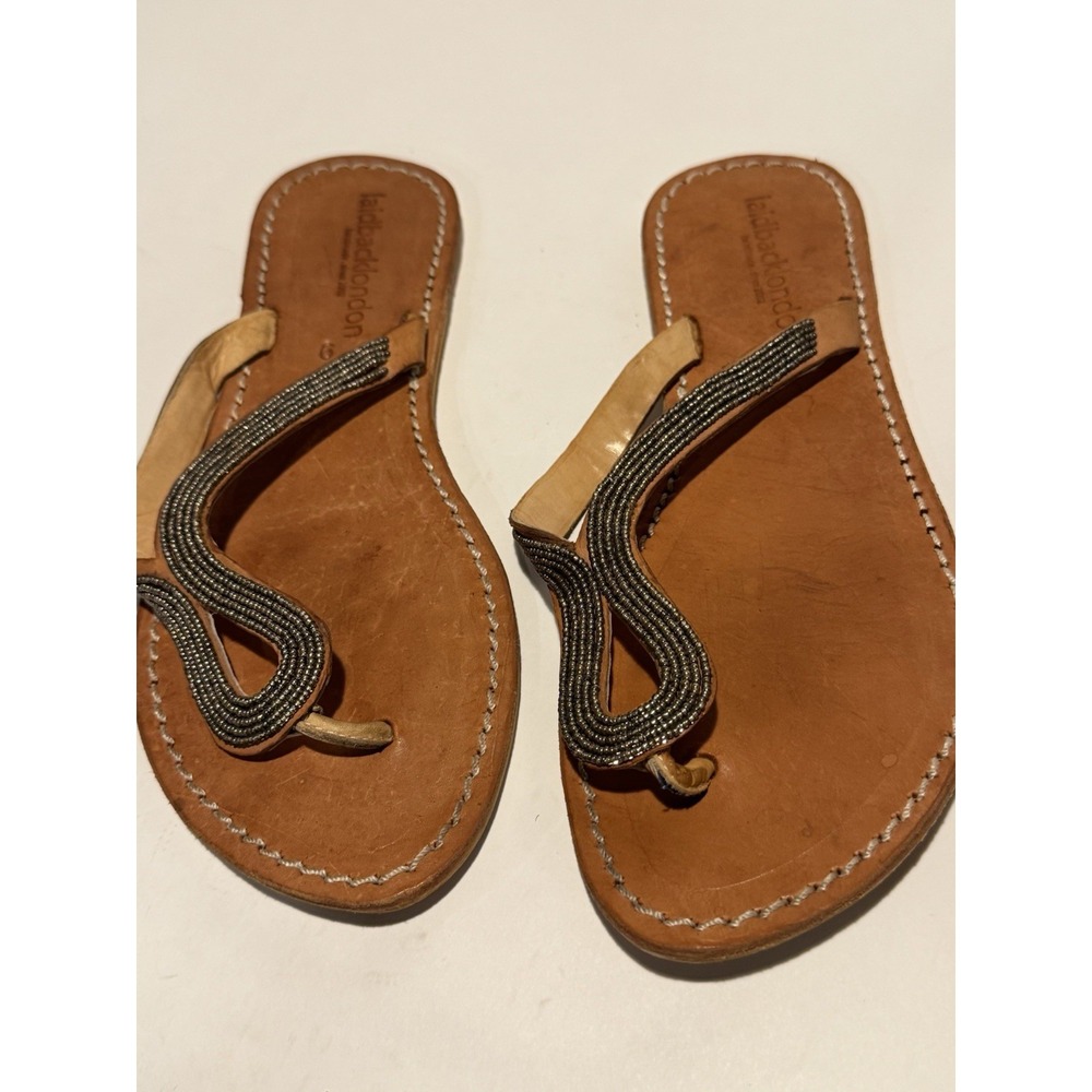 Laidback London Handmade Sandals Flats Tan Leather Silver Beaded SZ 9